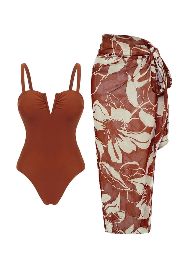 Women's Rust V-Notch One-Piece Swimsuit with Floral Mesh Wrap Cover-Up Skirt, 2-Piece Bathing Suit for Beach & Resort