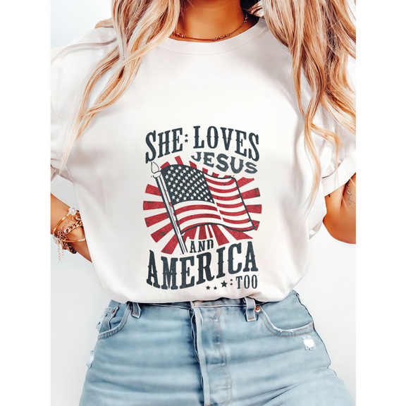 Women's "SHE LOVES JESUS & AMERICA" Print Tshirts Christian Church Picnic Patriotic Graphic Tees Short Sleeve Casual Shirts Tops for Daily Outfits White,L