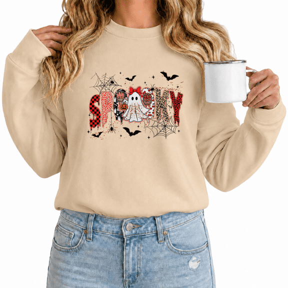 Women's SPOOKY Ghost Bat Print Top Playful Crewneck Seasonal Round Neck Pullover Halloween Party Outfit
