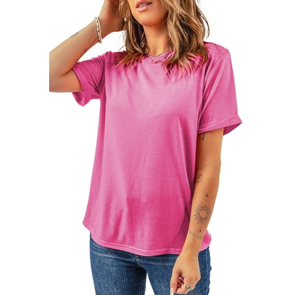 Women's Sachet Pink Casual Plain Crew Neck Tee - Soft and Breathable Summer Top - [ZhiHiMeRi] | (US 4-6)S