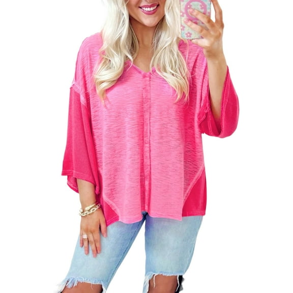 Women's Sachet Pink Contrast Patchwork V Neck Blouse with 3/4 Sleeves | [ZhiHiMeRi] | (US 12-14)L