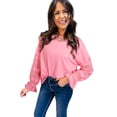 thumbnail image 1 of Women's Sachet Pink Drop Shoulder Lace Ruffled Sleeve Patchwork Loose Sweatshirt | [ZhiHiMeRi] | (US 12-14)L, 1 of 11