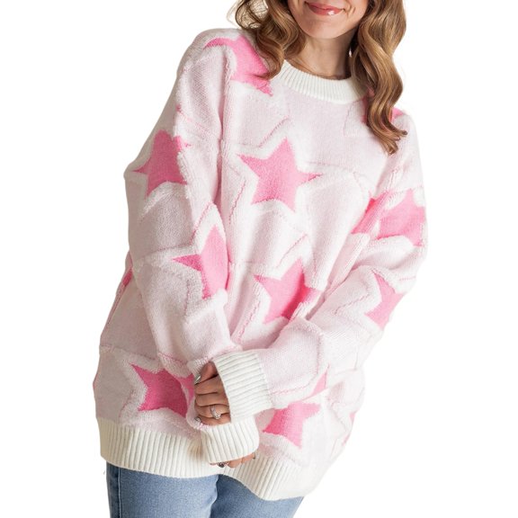 Women's Sachet Pink Oversized Star Pattern Sweater – Cozy Casual Winter Style for Daily Wear [ZhiHiMeRi] | XL