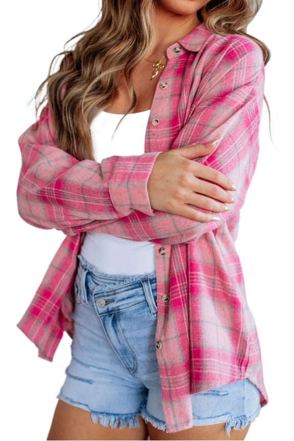 Women's Sachet Pink Plaid Print Long Sleeve Shirt – Rounded Hem with Pockets for Everyday Style, S