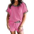 thumbnail image 1 of Women's Sachet Pink Ribbed Short Set – Leopard Print Trim, Short Sleeve Casual Outfit for Daily Wear, XL, 1 of 12