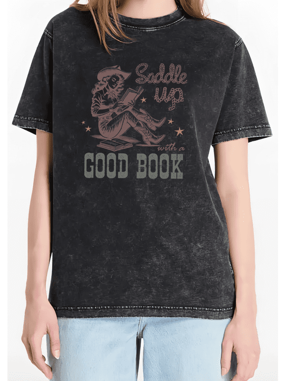 Women's Saddle Up Good Book Retro Graphic Casual Washed T-Shirt Comfortable Cotton Black S-2XL Plus Size