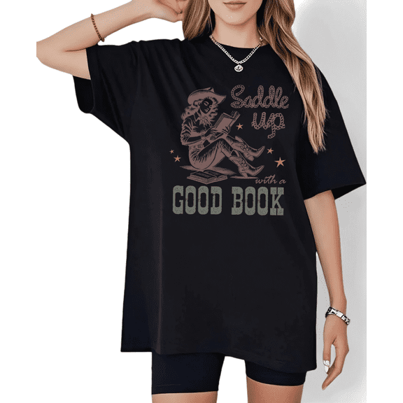 Women's "Saddle Up with a Good Book" Cozy Western Graphic Comfortable T-Shirt Short Sleeve Round Neck Top Black S-5XL