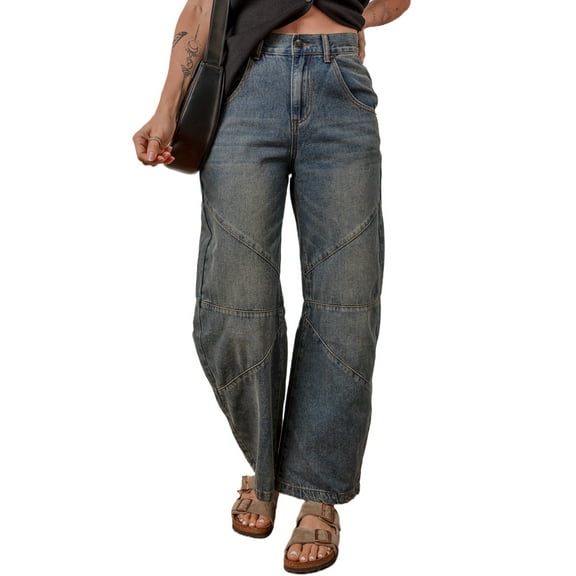 Women's Sail Blue Exposed Stitching Loose Straight High Waist Jeans - [ZhiHiMeRi] | 10