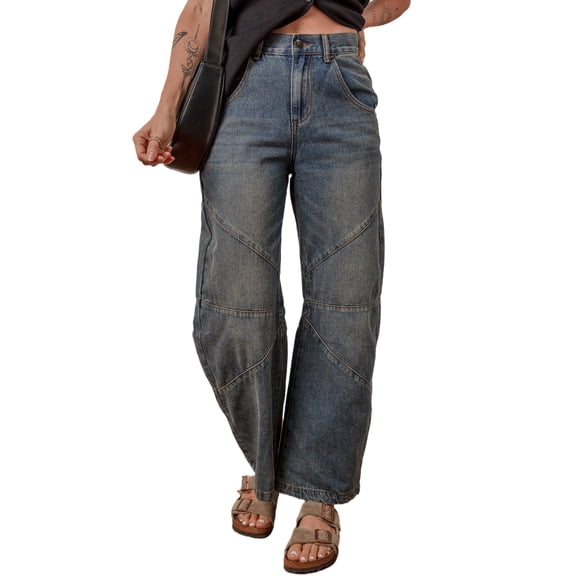 Women's Sail Blue Exposed Stitching Loose Straight High Waist Jeans - [ZhiHiMeRi] | 8