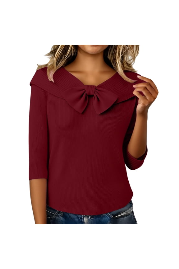 Women's Sailor Collar Bow Knit Blouse, 3/4 Sleeve Ribbed Knit Top Half-Sleeve Knit Pullover Sailor Collar Spring Summer Knit Top 3/4 Sleeve Bow Decor Knit Top, Wine S