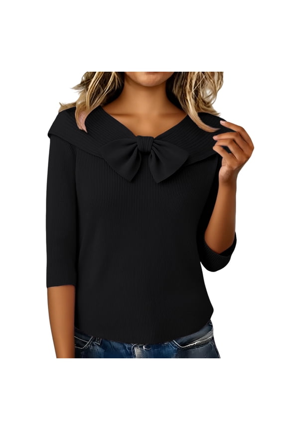 Women's Sailor Collar Bow Knit Blouse, Half-Sleeve Knit Pullover Fitted Sailor Collar Knit Pullover 3/4 Sleeve Bow Decor Knit Top Elegant Bow Decor Knit Pullover, Black 3XL