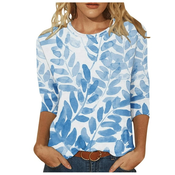 Women's Saint Vintage Casual Round Neck 3/4 Sleeve T-shirt Loose Top(Light Blue,2XL)