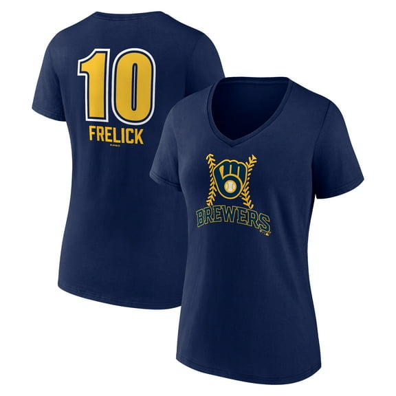 Women's Sal Frelick Navy Milwaukee Brewers Name & Number Fastball V-Neck T-Shirt