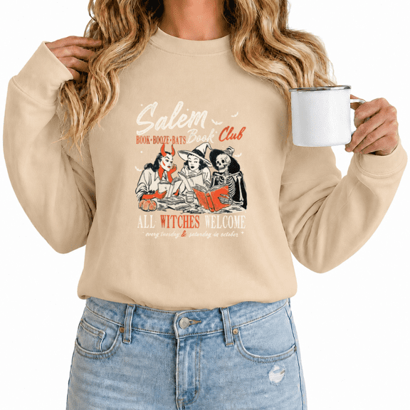 Women's Salem Book Club Witches Print Sweatshirt Retro Halloween Crewneck Pullover Long Sleeve Shirt