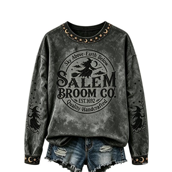 Women's Salem Broom Company Printed Sweatshirt Halloween Salem Witch Spooky Season Sweatshirt Crewneck Hocus Pocus Holiday Pullover Dark Blue XXXL