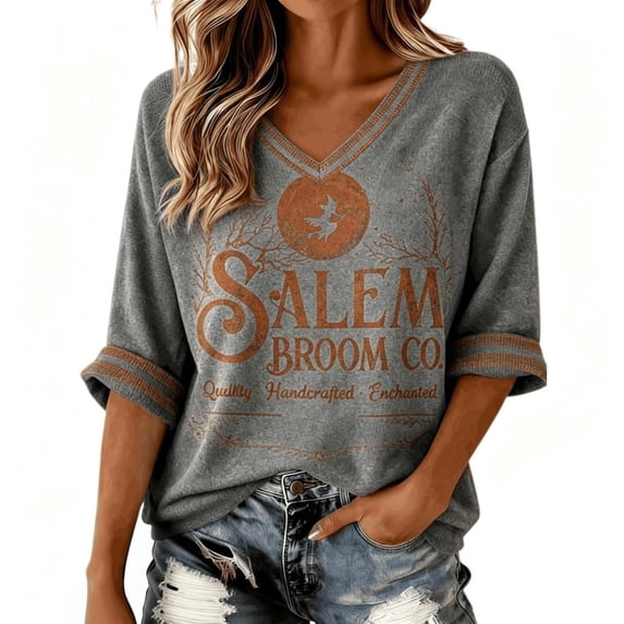 Women's Salem Broom Company Printed T-Shirt Salem Halloween Witch Tshirt, Vintage Salem Broom Company Shirt Funny Halloween Witch Tshirt Gray 5XL