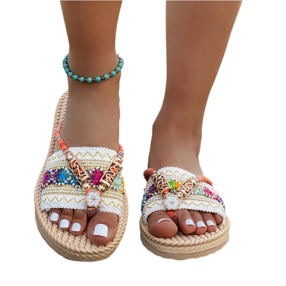 Women's Sandals 2026 Summer Comfort Boho Beaded Flat Thong Sandals Raffia Woven Open Toe Slides for Beach Vacation Outdoor Casual Wear,White 36