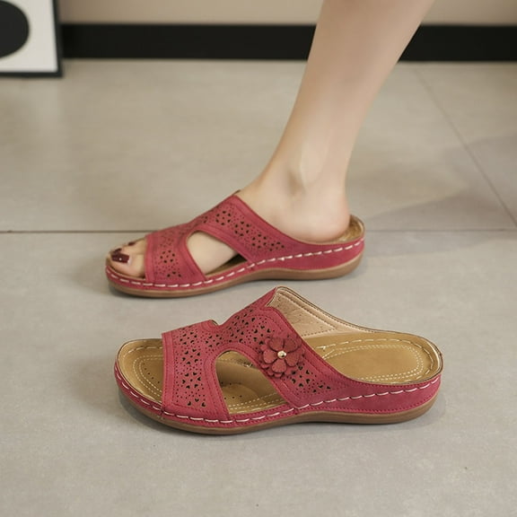 Women's Sandals, Arch Support Slides Fashion Casual Summer Hollow Flower Thick-Soled Slippers One-Line Wedge Heel Beach Sandals