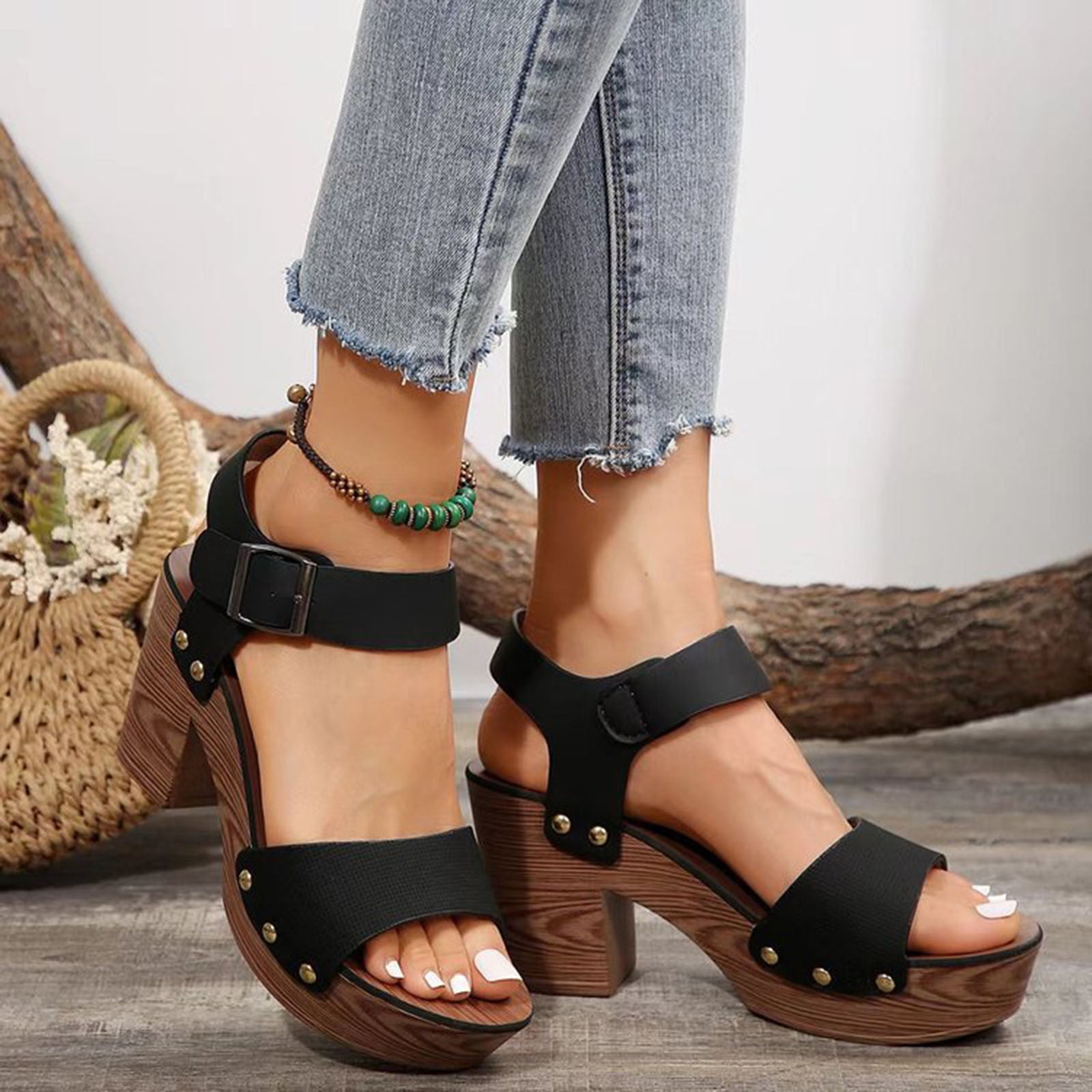 ShoeLaLa Two Piece Chunky Heel Sandals in Black - Walmart.com