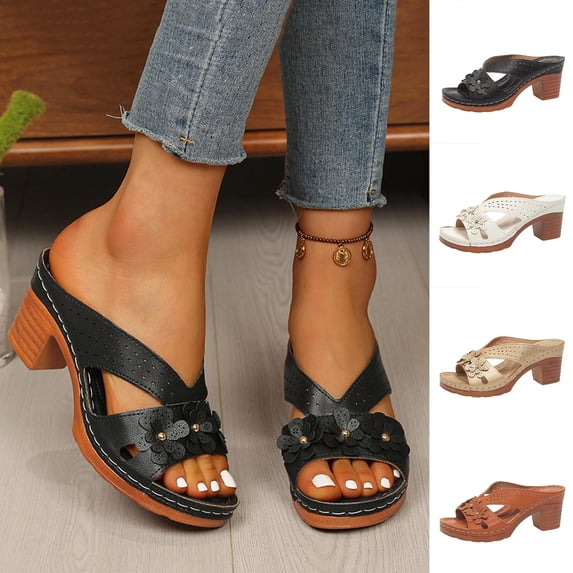 Women's Sandals Comfortable Ndbuld Women's Fashion Casual Summer Style Solid Color Thick Bottom Hollow One-Strap Thick Heel Slippers