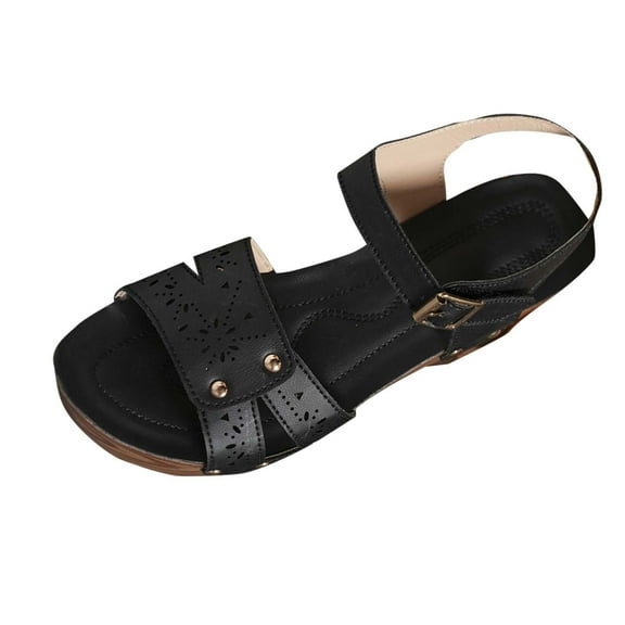 Women's Sandals Dressy Oofo Women's Fashionable Casual Versatile Round Head Hollow Spring And Summer Thick Heel Sandals Black