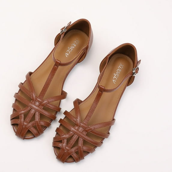 Women's Sandals Dressy Women's Fashion Casual Hollow Woven Pointed Toe Outdoor Flat Bottom Closed Toe Sandals Brown