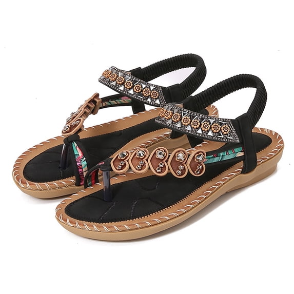 Women's Sandals,Flat Sandals for Women,Comfortable Sandals for Women,Womens Flat Sandals,Women Rhinestone Sandals,Bohemian Pearl Crystal Beaded Sparkly Bling Lace Flower Flat Beach Sandals,Black,6.5