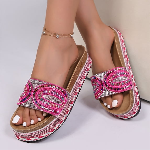 Women's Sandals,Flat Sandals for Women,Womens Dress Sandals,Platform Sandals,Womens Slide Sandals Cork Footbed Flat Sandals Open Toe Comfort Slip On Slippers for Summer,Hot Pink,7