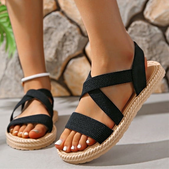 Women's Sandals Large Size Slip-On Sandal Summer Women Shoes Elastic Band Retro Flat Roman Shoes Beach Sandals