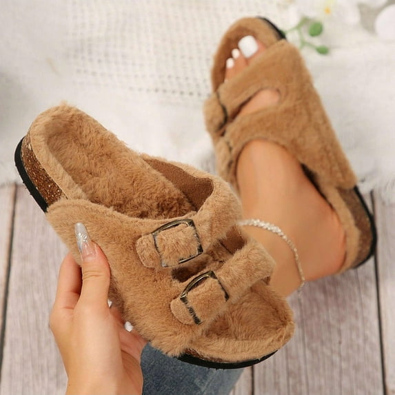 Women’s Sandals Lightweight Comfortable Breathable Adjustable Buckle Cork Footbed Strappy Slip-On Slides for Women