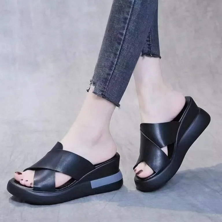 Women's Sandals Luxury Wedges Slippers Black Platform Shoes for