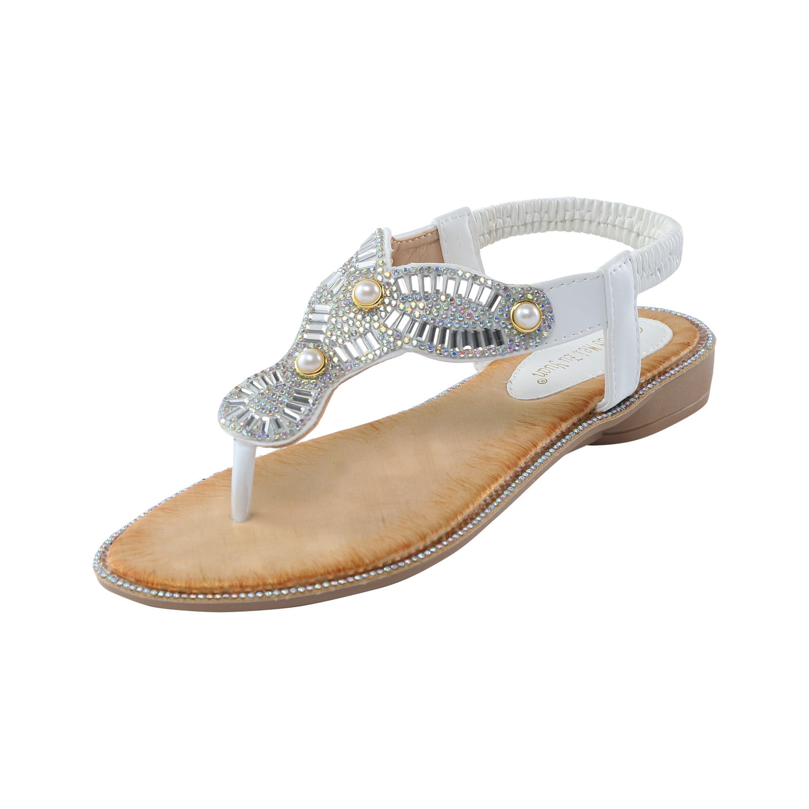 Women's Sandals Pinch Rhinestones Comfort Flat Open Toe Elastic Ankle