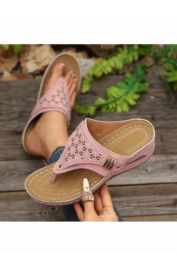 Women's Sandals - Purple Synthetic Leather Upper Adorned With Gold Beads, Mid-Heel Round-Toe Design, Easy to Put On & Off, Non-Slip Rubber Sole, Casual & Semi-Formal Occasions