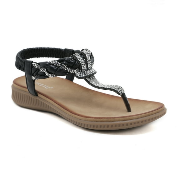 Women's Sandals Rhinestone Flat Summer Shoes T-Strap Thong Bohemian Casual Dressy Sandals for Women