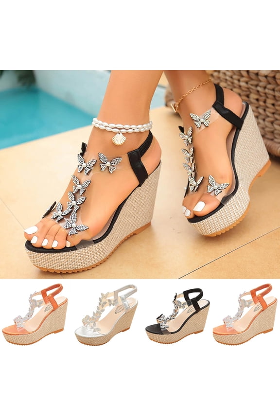 Women's Sandals Summer Wedge Thick Soled Open Toe Elastic Straps Women's Comfy Lightweight Slide Slippers Spring Summer Trendy Beach Sandals