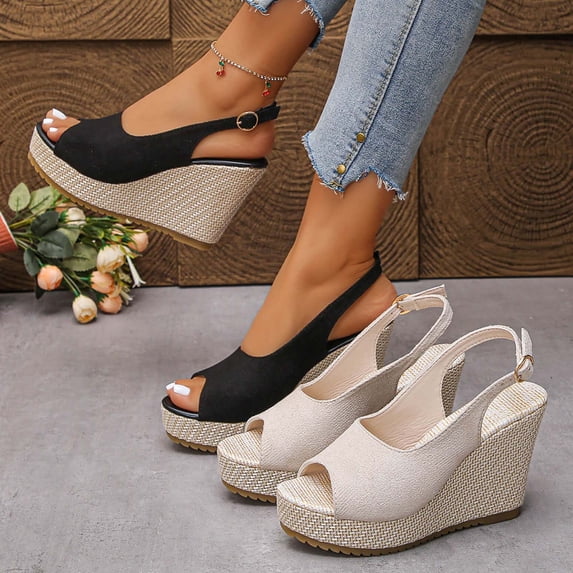 Women's Sandals Wedge Flatform Open Toe Ankle Straps Solid Color High Heel Comfortable Shoes Women Dressy Summer Casual Sandals with Buckle