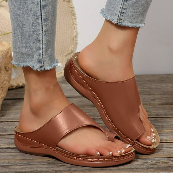 Women's Sandals Wedge Heel Open Toe Slip-on Solid Color High Heel Thong Slides Sandals Slippers for Women Casual Outdoor Beach Vacation Holiday Fashion Brown 37