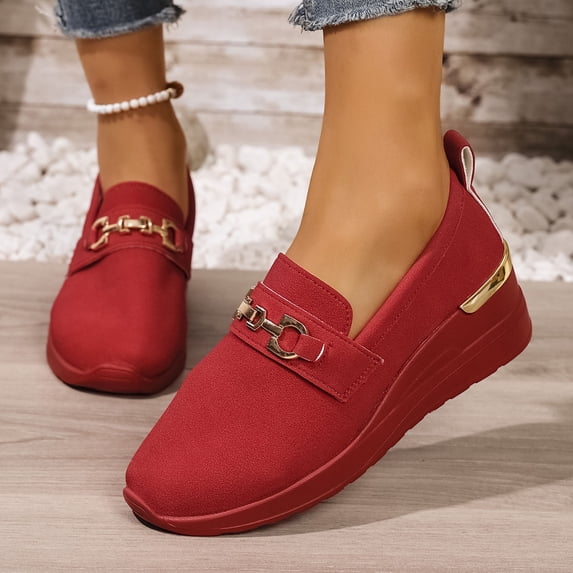Women's Sandals Women's Fashion Casual Spring And Summer Comfortable Shoes Metal Buckle Thick Bottom Wedge Heel Round Toe Closed Toe Sandals Red
