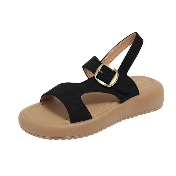 Women's Sandals Women's Fashion Casual Spring And Summer Outer Wear Solid Color Round Toe Open Toe One-Line Buckle Soft Bottom Flat Sandals Black