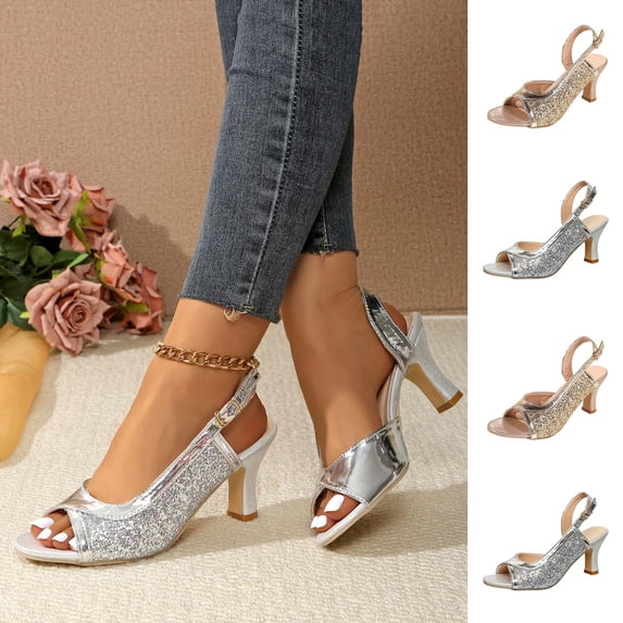 Women's Sandals Women's Fashionable Casual Outerwear Versatile Plus Size Dance Shoes Solid Color Round Toe Open Toe High Heels Buckle Sandals Gold 36