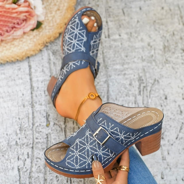 Women's Sandals Women's Fashionable Casual Spring And Summer Trendy Solid Color Floral Embroidered Metal Buckle Half-Covered Toe High-Heeled Slippers,Navy,43