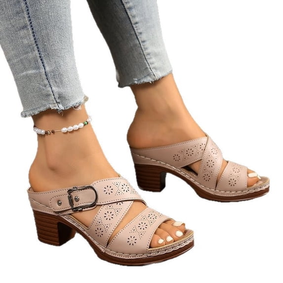 Women's Sandals Women's Heeled Sandals Open Toe Slip On Block Womens Chunky Mid Heels Ankle Strap Sandal Slippers Casual Comfortable Summer Backless Mules Adjustable Slide Walking Shoes Khaki 6