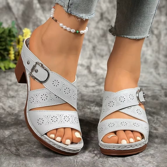 Women's Sandals Women's Heeled Sandals Open Toe Slip On Block Womens Chunky Mid Heels Ankle Strap Sandal Slippers Casual Comfortable Summer Backless Mules Adjustable Slide Walking Shoes Gray 7.5