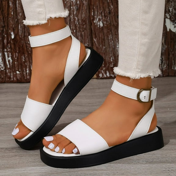 Women's Sandles Sandal Oofos Women's Fashion Casual Spring And Summer Solid Color Round Toe Open Toe Thick Bottom Flat Buckle Sandals White