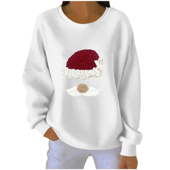 Women’s Santa Claus Print Knitted Long Sleeve Crew Neck Top Ribbed Patchwork Christmas Sweater Cute Novelty Holiday Pullover Soft Stretchy Festive Top for Casual Celebrations