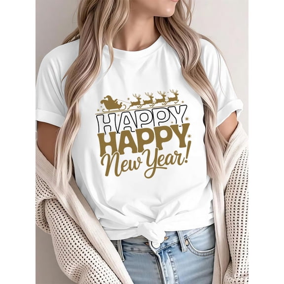 Women's Santa New Year Graphic Breathable T Shirt Casual Short Sleeve Round Neck Top Black S-5XL