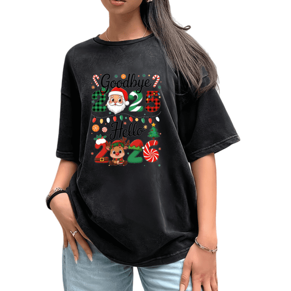 Women's Santa Reindeer Goodbye 2025 Hello 2026 Cotton T-Shirt Casual Top Plaid Holiday Graphic Black S-2XL Plus Size