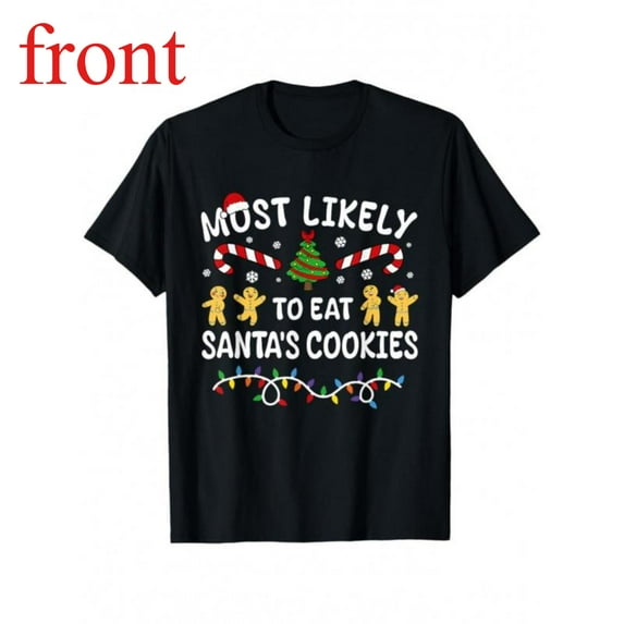 Women's Santa's Cookies Graphic Comfortable T Shirt Casual Cotton Short Sleeve Round Neck Top Black S-5XL