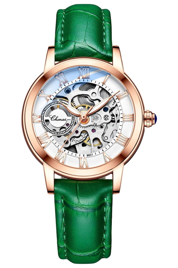 Women's Sapphire Watches Automatic Steampunk Self Winding Mechanical Gold Bracelet Ladies Skeleton Wrist Watch Leather Strap for Ladies Famale
