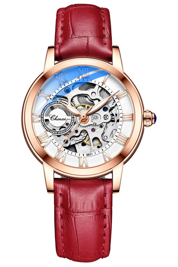 Women's Sapphire Watches Automatic Steampunk Self Winding Mechanical Gold Bracelet Ladies Skeleton Wrist Watch Leather Strap for Ladies Famale